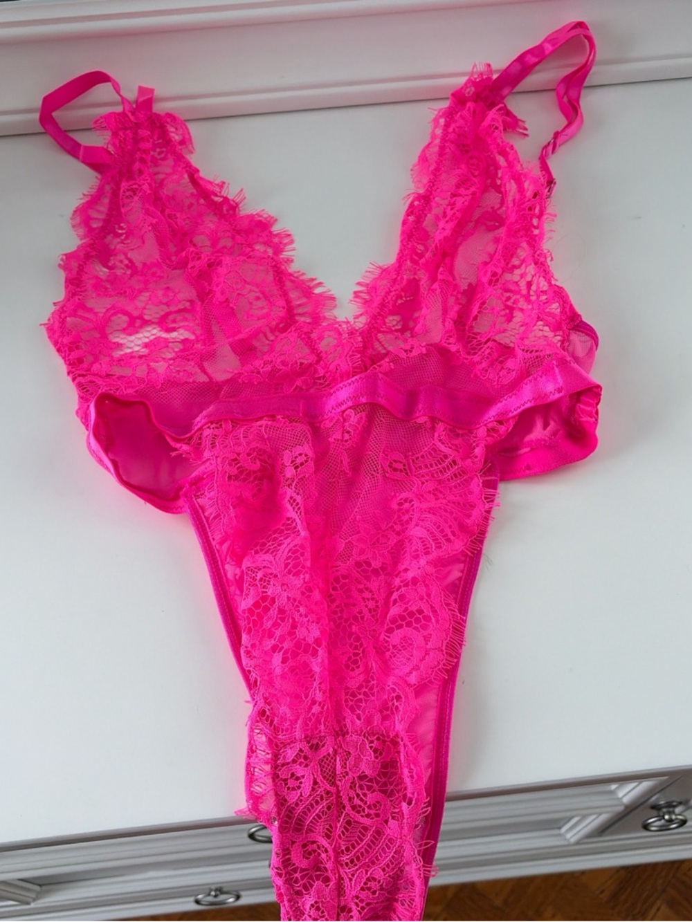 Hot Pink Lace Plunge Bodysuit